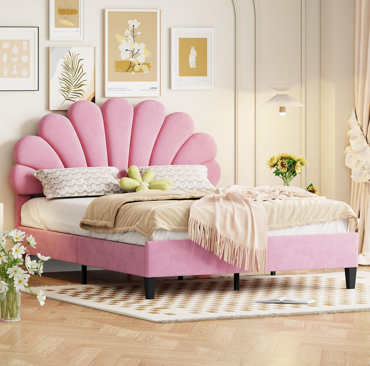 POLSTERBETT 140/200 cm in Rosa aus Samt mit Blumen-Kopfteil und Lattenrost - Rosa, Textil (140/200cm) - Flora Grace