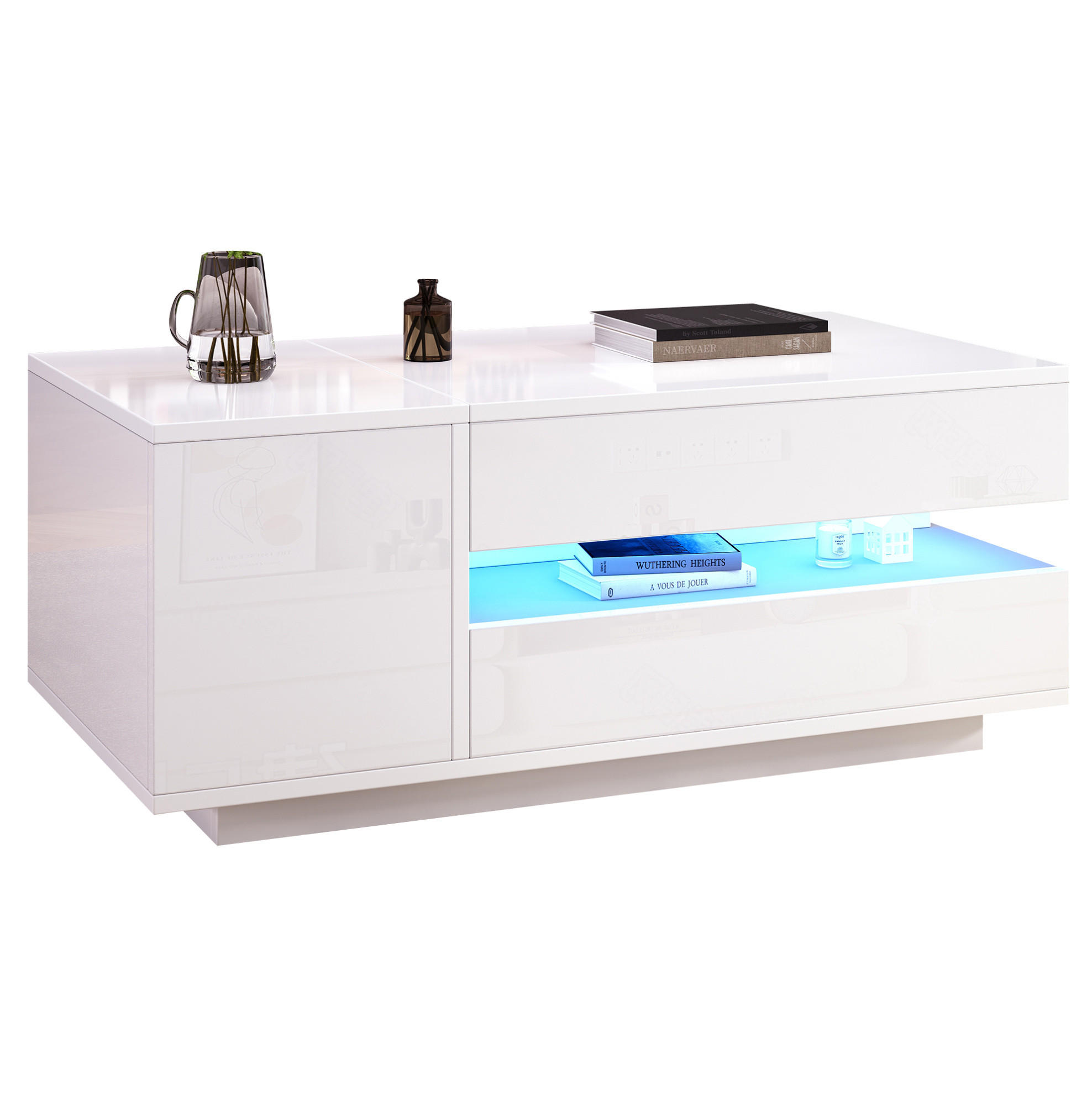 COUCHTISCH 90/50/34.5 cm weiß aus Spanplatte mit Hebefunktion und LED - Weiß, Holzwerkstoff (95/50/34.5cm) - OKMYHOME
