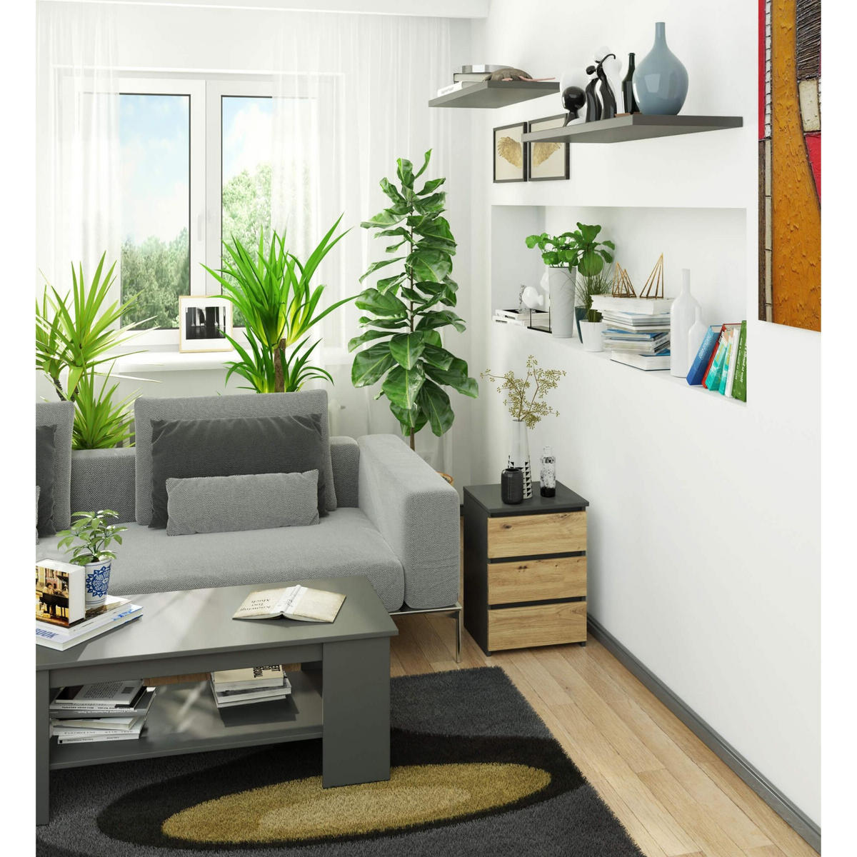 NACHTSCHRANK Grau, Eiche Artisan 40x35x57 cm - Eiche Artisan/Grau, Holzwerkstoff (40/57/35cm) - Akord