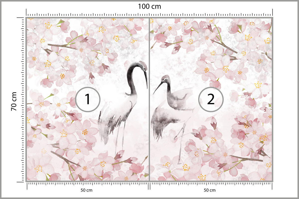 FOTOTAPETE Kraniche Kirschblüten Aquarell Natur Modern Rosa Vintage Blüten 100x70 - Beige/Rosa, Papier (100/70cm) - Muralo
