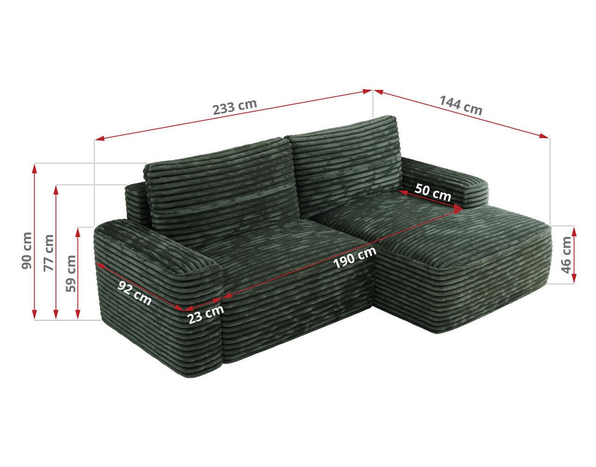 ECKSOFA BELLUNO L Grün Cord - Links - Schwarz/Grün, Textil (144/233cm) - MKS