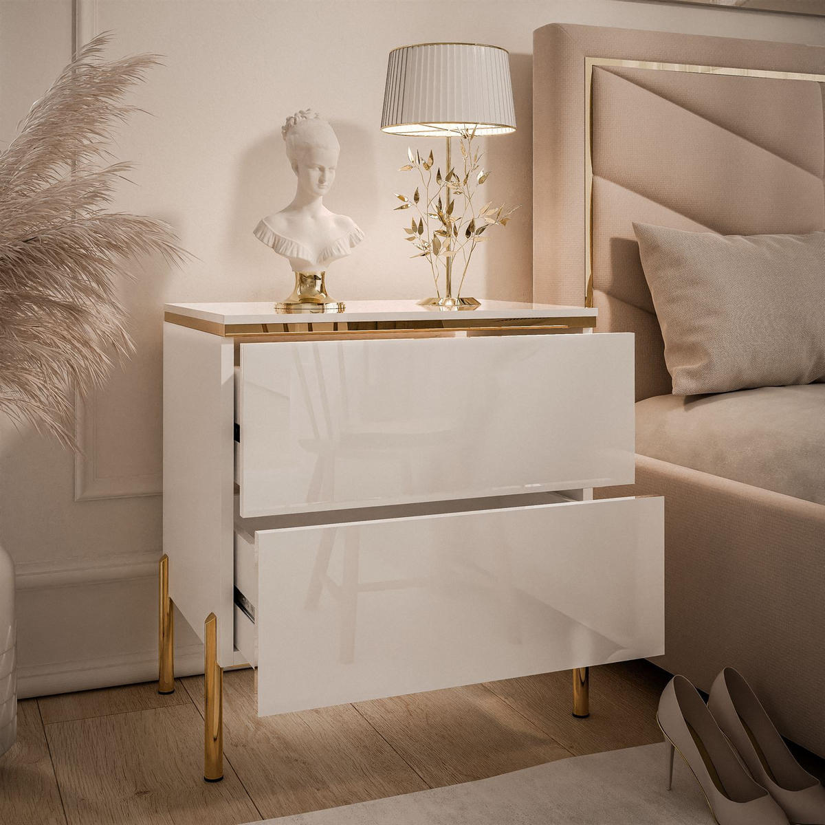 NACHTTISCH AURORA II auf gerade Gold Chrom Beine Weiß / Weiß hochglanz - Weiß Hochglanz/Goldfarben, Holzwerkstoff/Metall (50/54/37cm) - Lookway