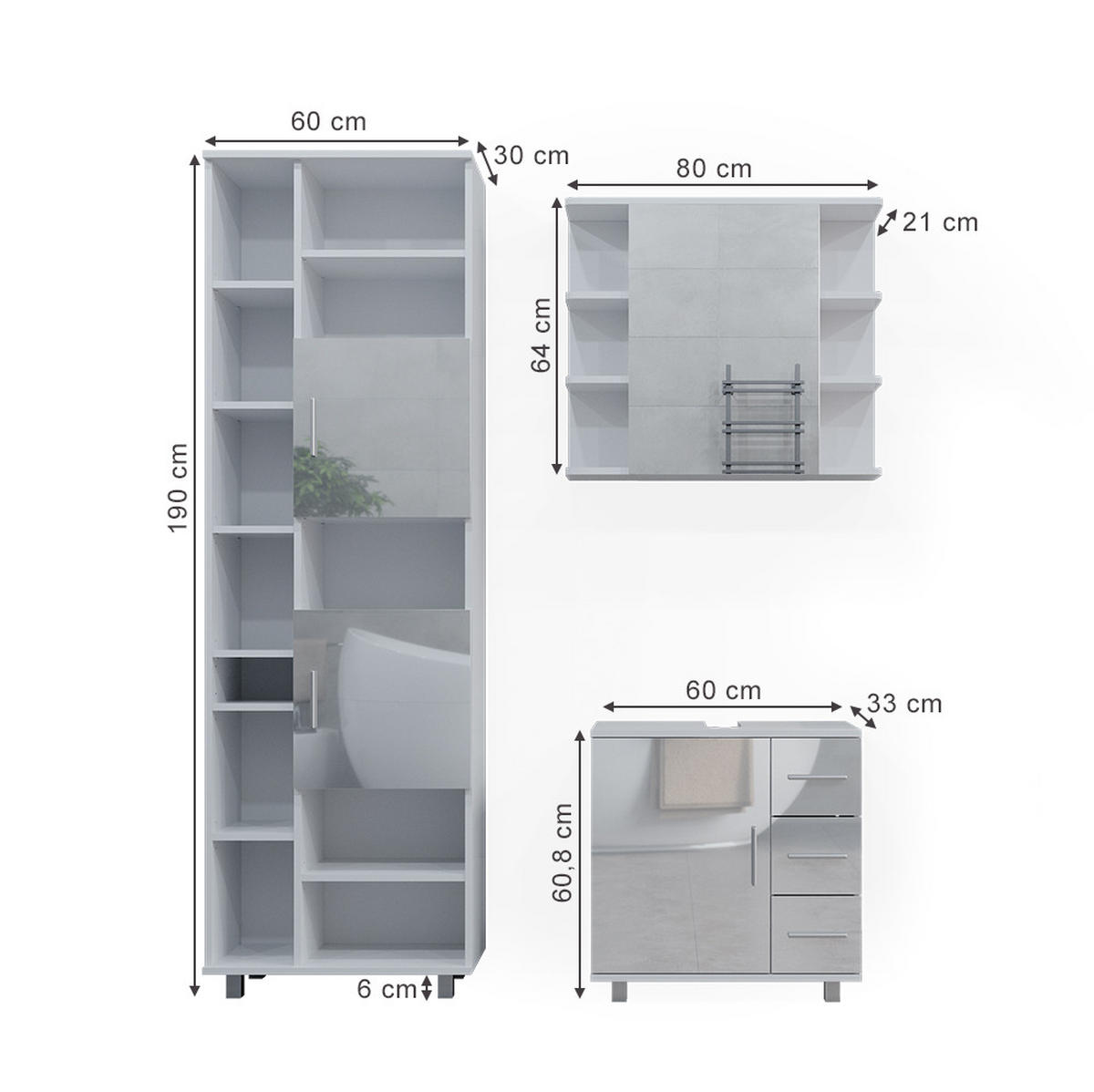BADMÖBEL-SET Ilias Weiß Hochglanz 3 Teile, mit Hochschrank - Weiß Hochglanz/Weiß, Holzwerkstoff (60/60.8/33cm) - Vicco