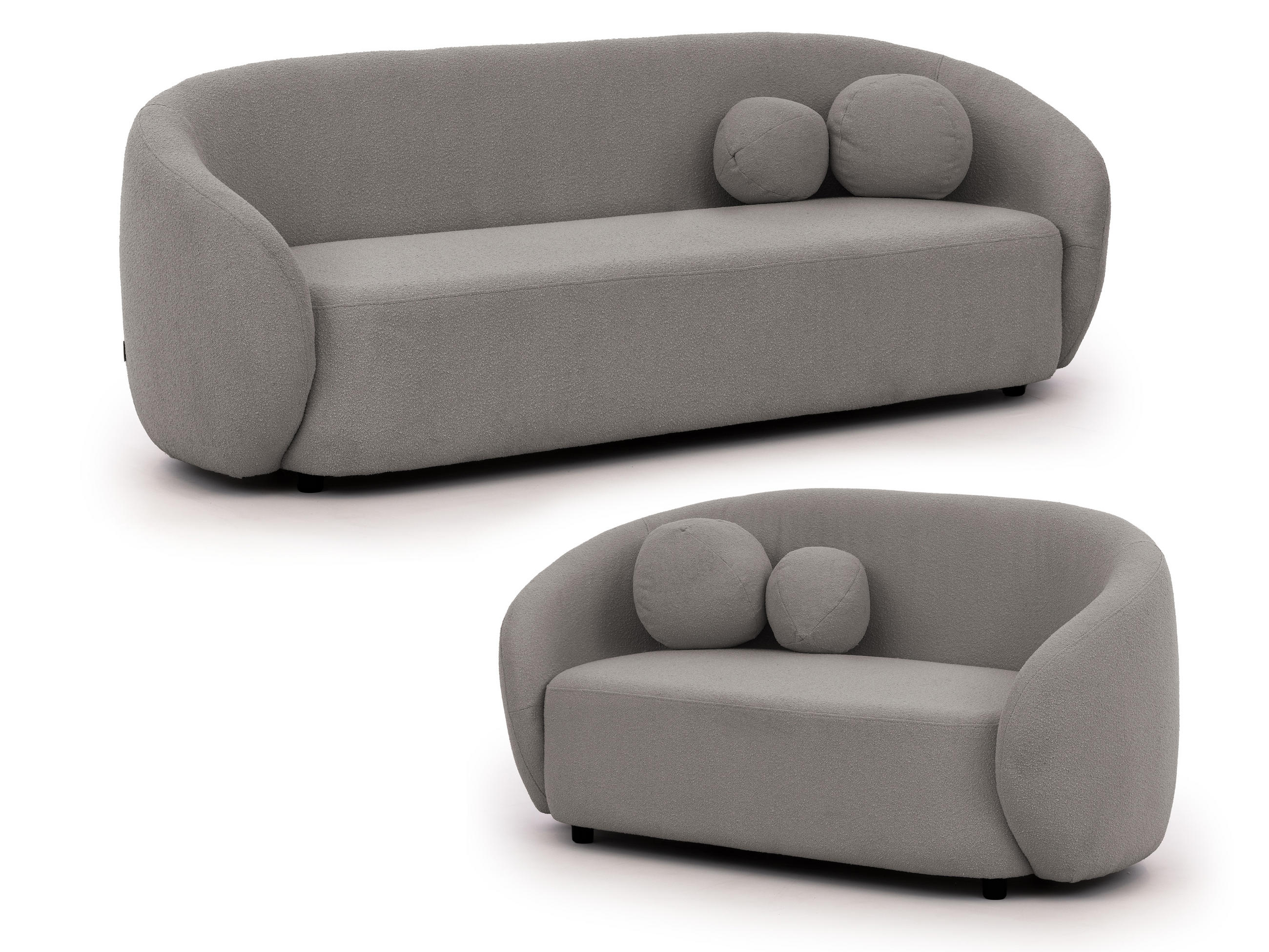 SITZGARNITUR 3+2 Roundi Grau Bouclé - Schwarz/Grau, Holz/Kunststoff (208/76/80cm) - S-Style Möbel
