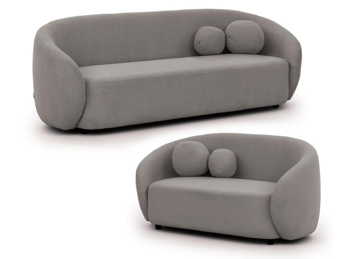 SITZGARNITUR 3+2 Roundi Grau Bouclé - Schwarz/Grau, Holz/Kunststoff (208/76/80cm) - S-Style Möbel