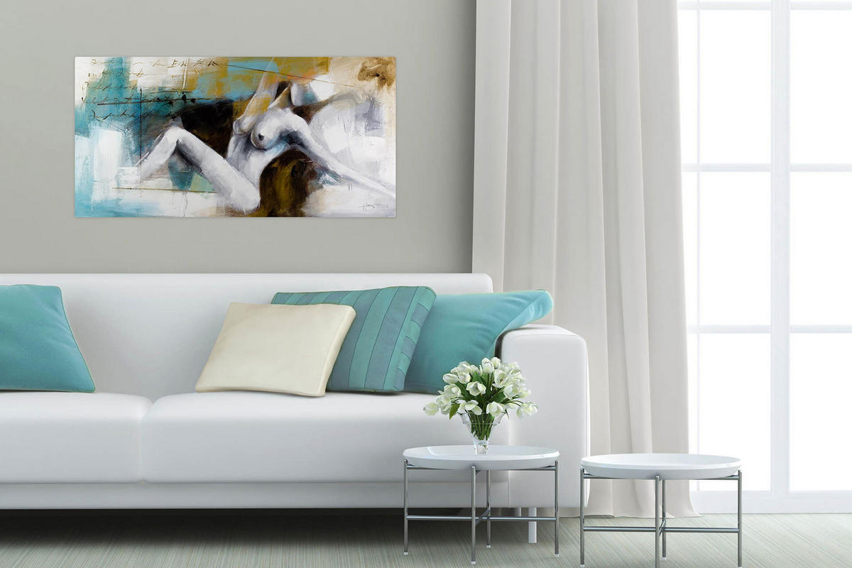 ÖLGEMÄLDE 120/60 cm - Petrol/Weiß, Holz/Textil (1.6/60cm) - KUNSTLOFT