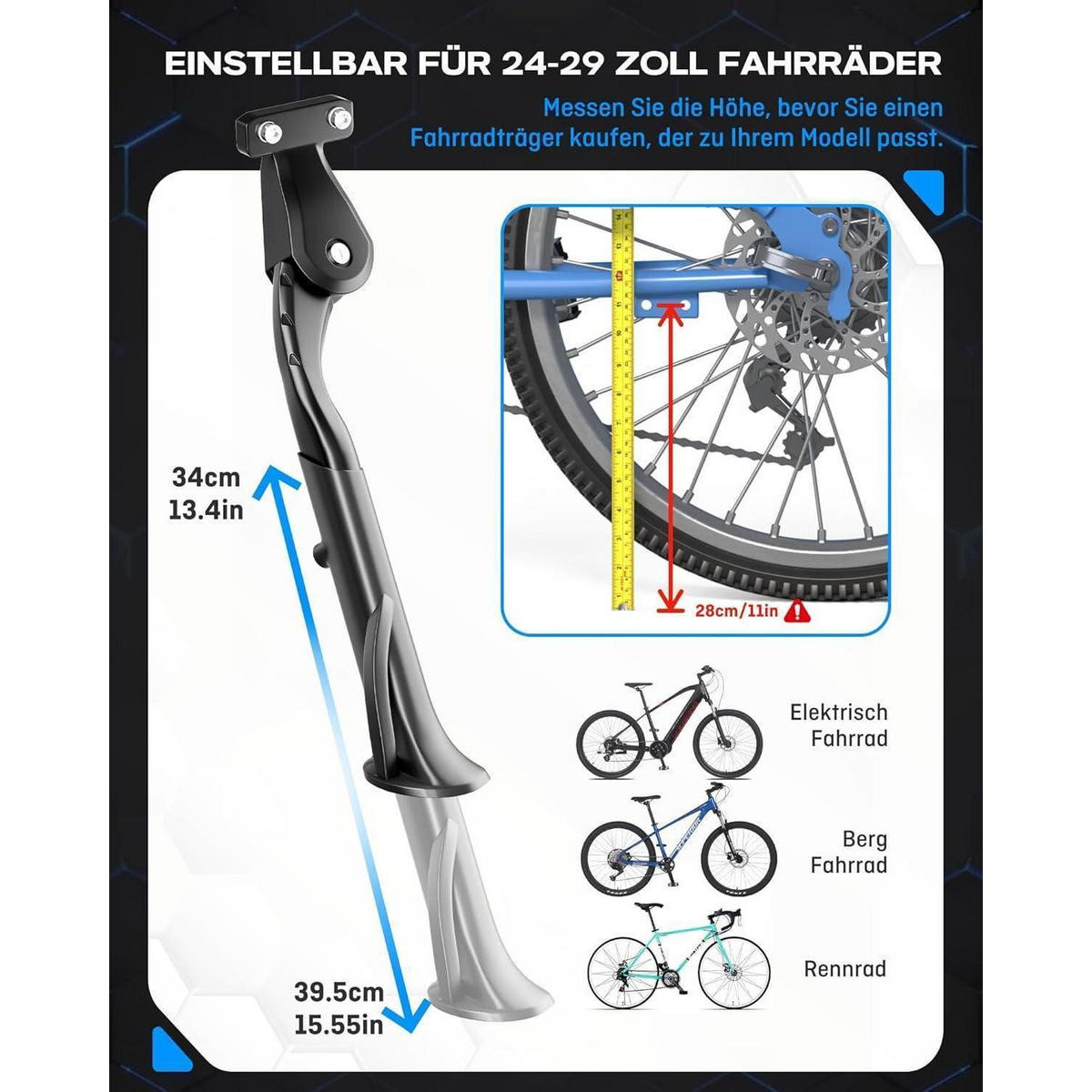 FAHRRADSTÄNDER als höhenverstellbarer Seitenständer, schwarz - Schwarz, Metall (1/1/41cm)