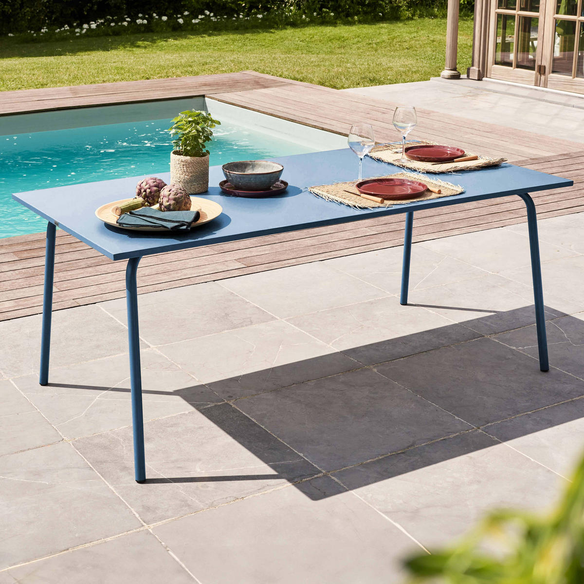 GARTENTISCH , Pazifikblau - Dunkelblau, Metall (180/90/72cm) - Oviala
