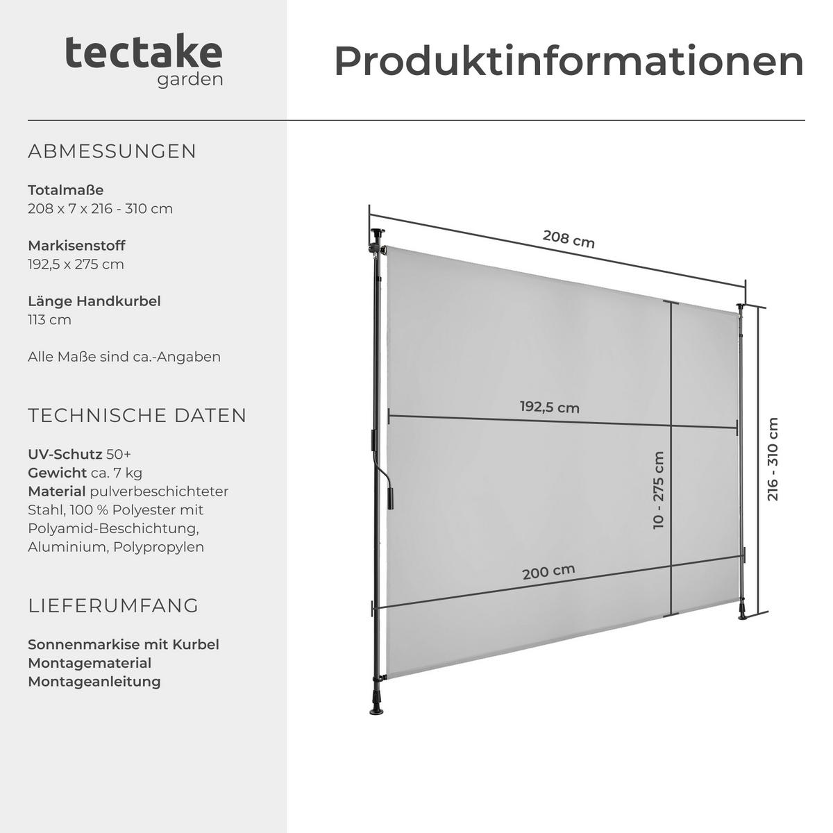 KLEMMMARKISE Taija, leichtgängige Handkurbel, hellgrau - Hellgrau, Kunststoff (208/310cm) - tectake