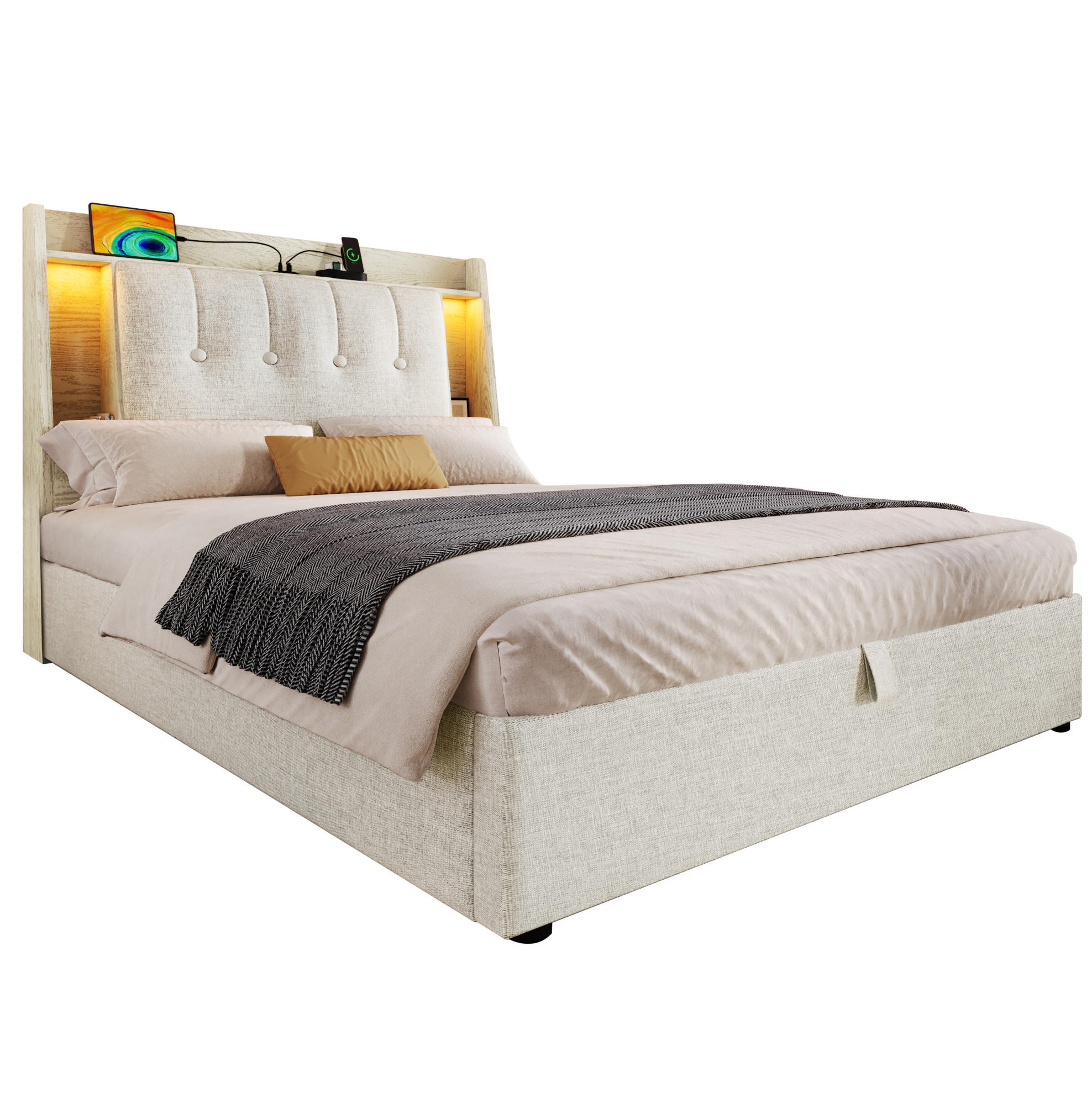 POLSTERBETT 90/200 cm mit LED-Beleuchtung, USB-C und Bettkasten in Beige - Beige, Textil (90/200cm) - BEAOK