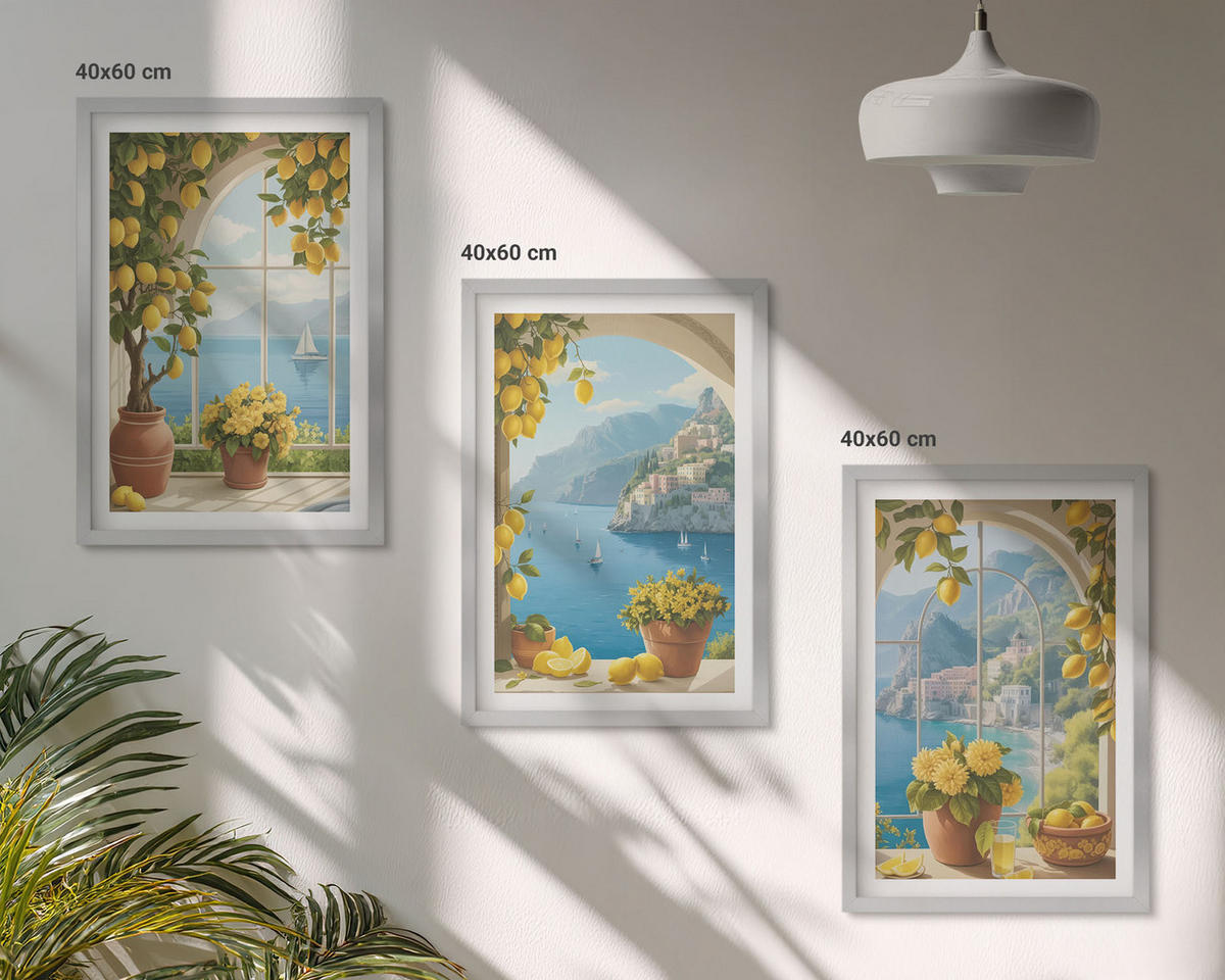 BILDER SET 3er Set - 40x60 cm Silberner Rahmen - Meereslandschaften, Zitronen, Fenster - Silberfarben, Kunststoff (40/60cm) - TULUP