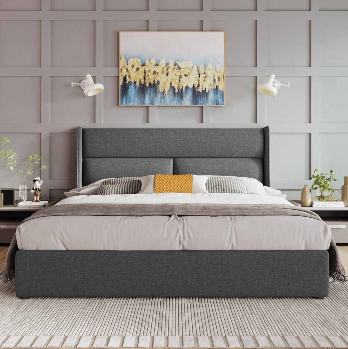 POLSTERBETT mit Stauraum und verstellbarem Kopfteil 160x200 cm Leinen Grau - Grau, Metall (160/200cm) - Beauniv