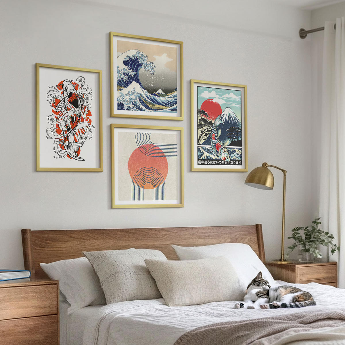 BILDER SET 4er Set - 50x50 cm & 40x60 cm Goldrahmen - Illustrationen von Fischbergen, die sich in Japan ausbreiten - Goldfarben, Kunststoff (50/50cm) - TULUP
