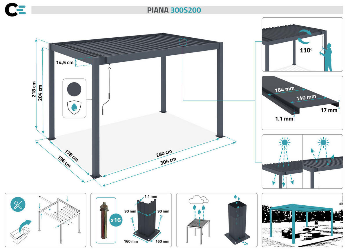 PERGOLA BIOKLIMATISCHE SELBSTTRAGENDE Piana grauem 3m x 2m - Grau, Metall (196/218/304cm) - Cazeboo