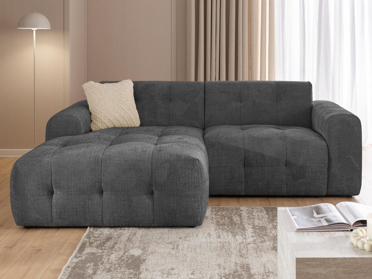 ECKSOFA Kozy im Bumpy-Design mit fester Rückenlehne aus weichem Grau Chenille-Stoff - Ottomane links - Schwarz/Grau, Holz/Kunststoff (161/234cm) - S-Style Möbel