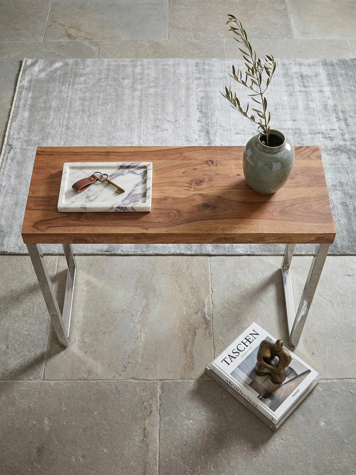 KONSOLENTISCH Massivholz Chromgestell Handgefertigt ISEN, Beige 120x45x77 cm - Beige/Silberfarben, Holz/Metall (45/120/77cm) - KADIMA DESIGN