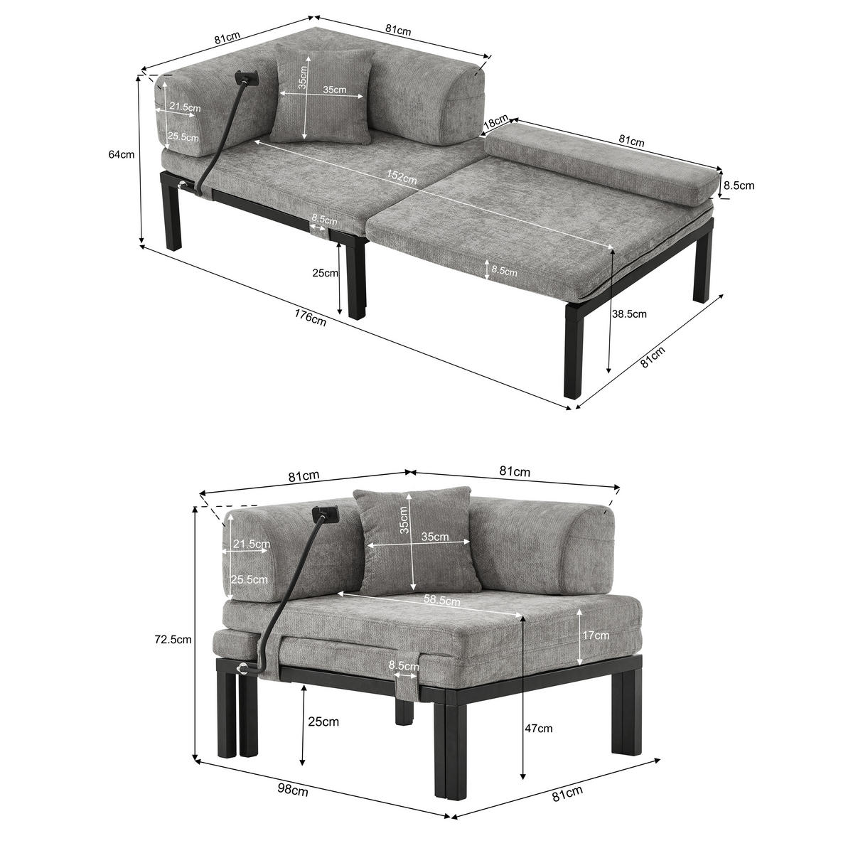 SCHLAFSOFA DE-35084 Hellgrau - Hellgrau, Holz (81/64/176cm) - ComfortXL