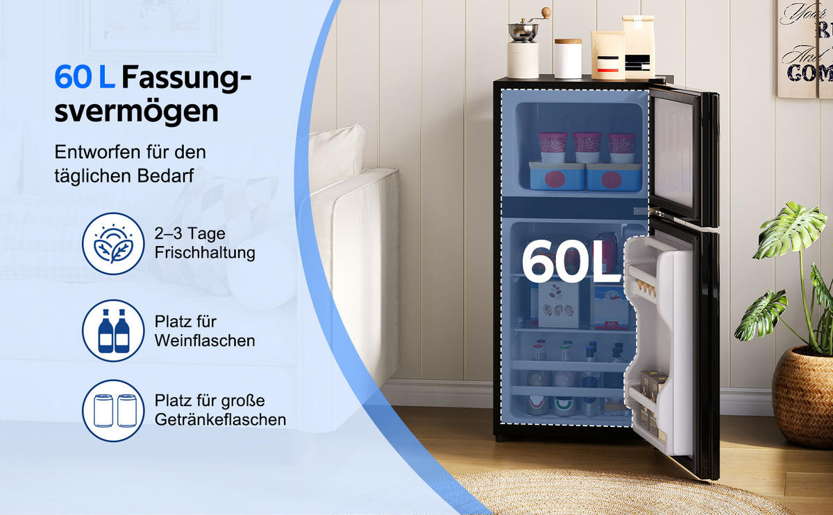 KÜHL-GEFRIER-KOMBINATION 60 l, 22 l Gefriervolumen, 42,5 x 44,5 x 87,5 cm, Energieeffizienzklasse E, Schwarz - Schwarz, Metall (44.5/65/42.5cm) - FOHERE