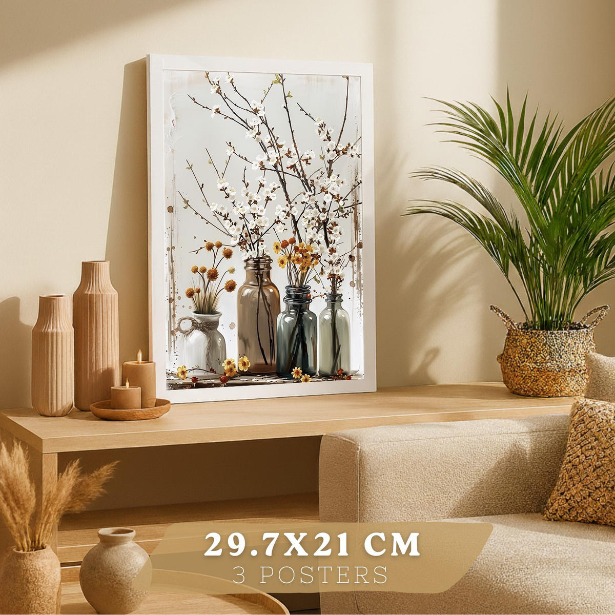 PLAKAT Sada 3 Květiny A3 Bílý rám - bílá, papír (29.7/1/42cm) - Nacnic