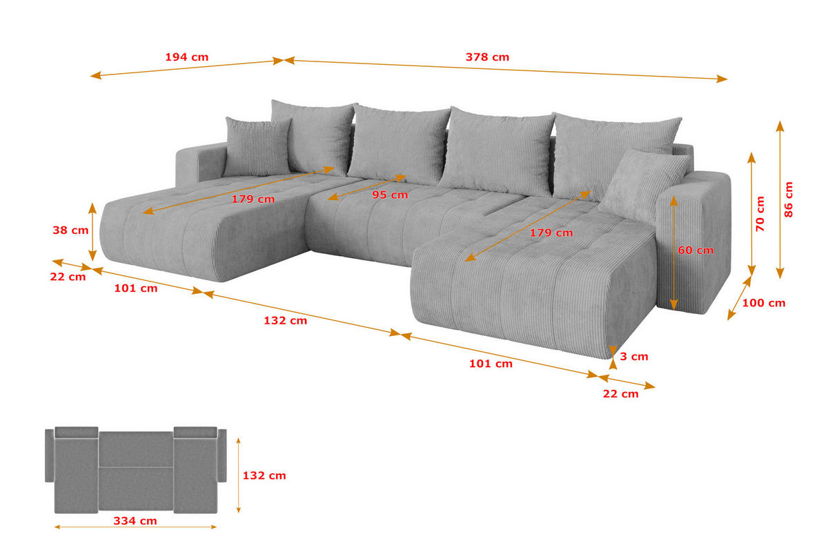 SEDACÍ SOUPRAVA DO U s funkcí spaní a úložným prostorem MILA-U 378x194x86 šedá manšestr - šedá/černá, kompozitní dřevo/textil (378/86/194cm) - ALTDECOR