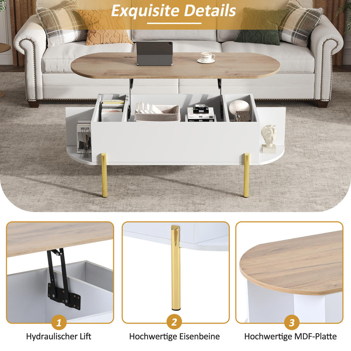 COUCHTISCH in Holzfarbe und Weiß Kaffeetisch mit Höhenverstellbarer Platte für Wohnzimmer, B120/T50/H43cm - Goldfarben/Weiß, Holzwerkstoff/Metall (50/120/43cm) - STILVORA