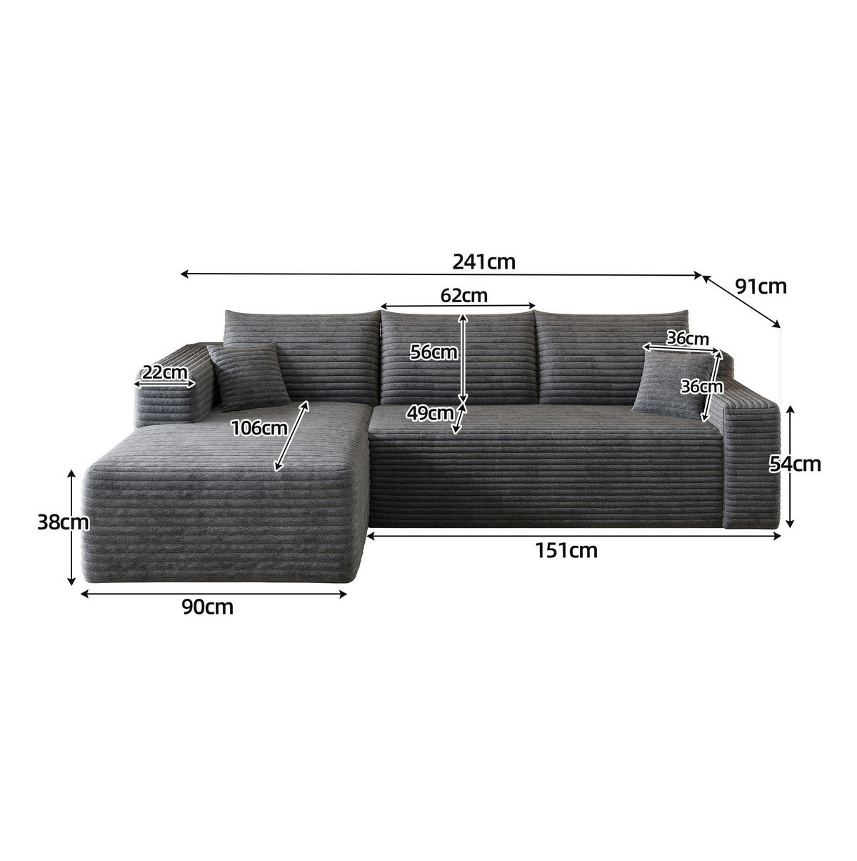 ECKSOFA 241 cm aus Stoff mit weichem Cordbezug und Chaise Lounge Dunkelgrau - Dunkelgrau, Textil (151/241cm) - Modenvie