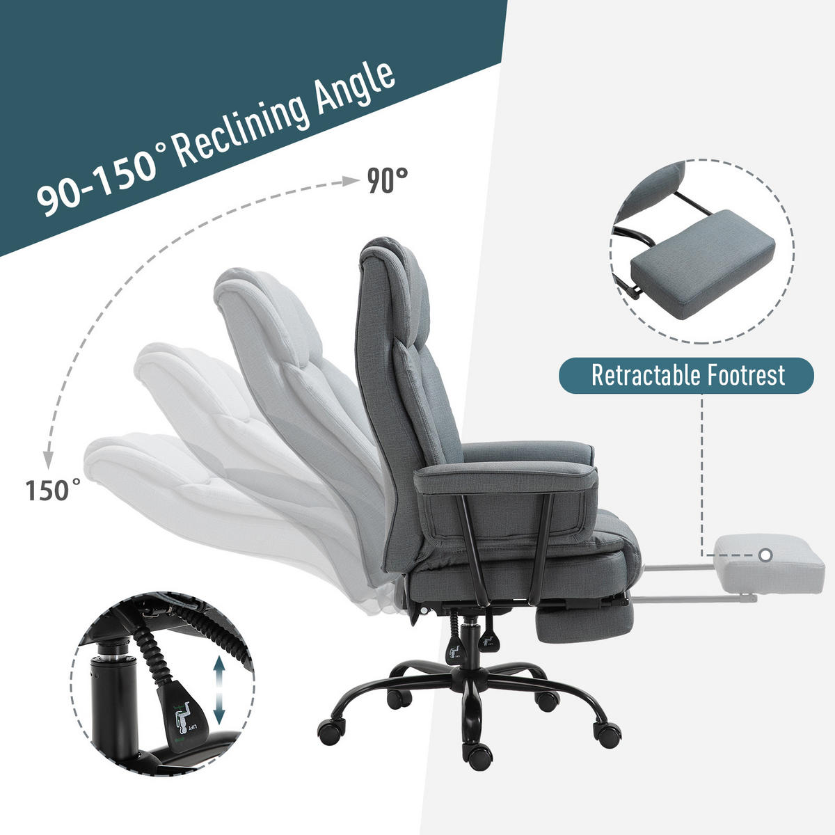 BÜROSTUHL höhenverstellbar Chefsessel Computerstuhl mit Fußstütze 360° PU - Grau, Leder (80/126/68cm) - Vinsetto