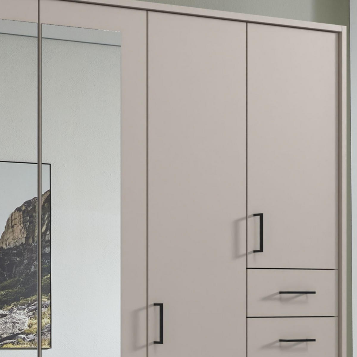 DREHTÜRENSCHRANK Kleiderschrank B313/H210/T58 cm mit Schubkästen & Passepartout & 3 Spiegeltüren, Beige Grau, Griffe schwarz / 22586 - Greige/Beige, Holzwerkstoff/Kunststoff (313/210/58cm) - luma-home