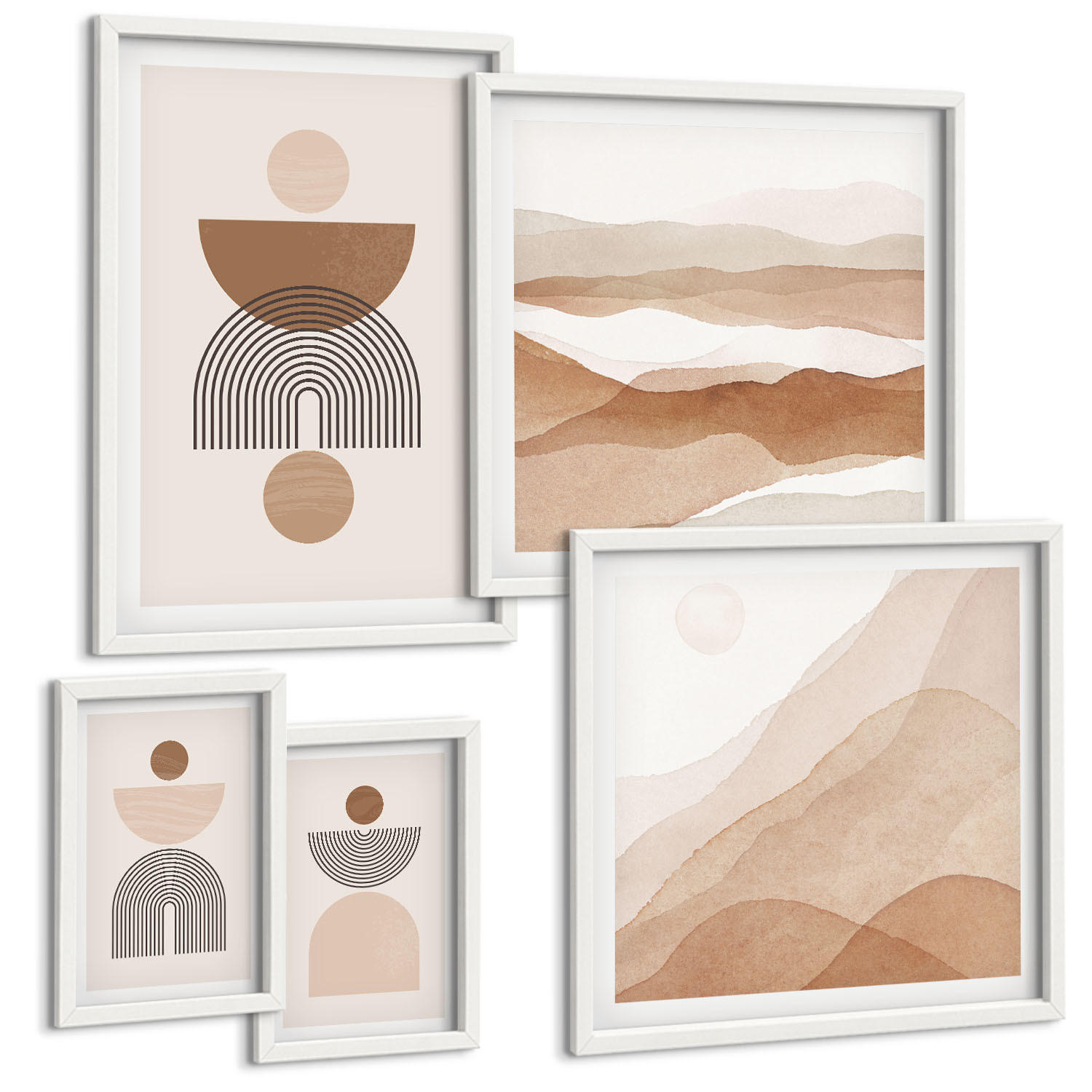 BILDER SET 5er Set - 50x50 cm & 20x30 cm & 40x60 cm Weißer Rahmen - Abstraktes Boho-Design - Weiß, Kunststoff (40/60cm) - TULUP