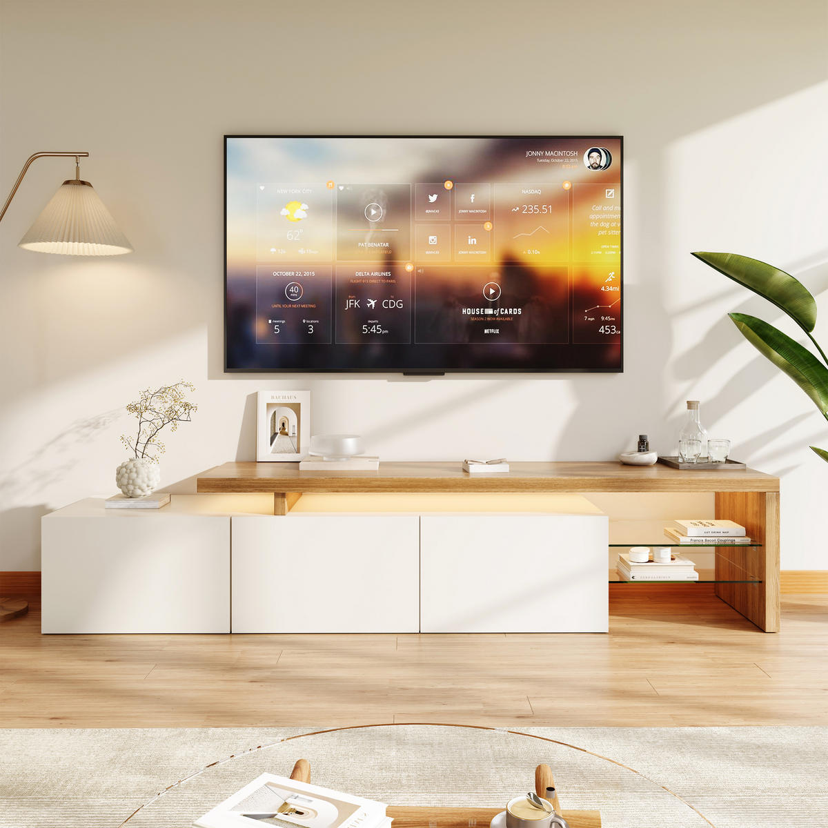 LOWBOARD 200cm Weiß/Holz LED Glas Stauraum - Weiß, Holzwerkstoff (39/42/200cm) - SHOPENTRA