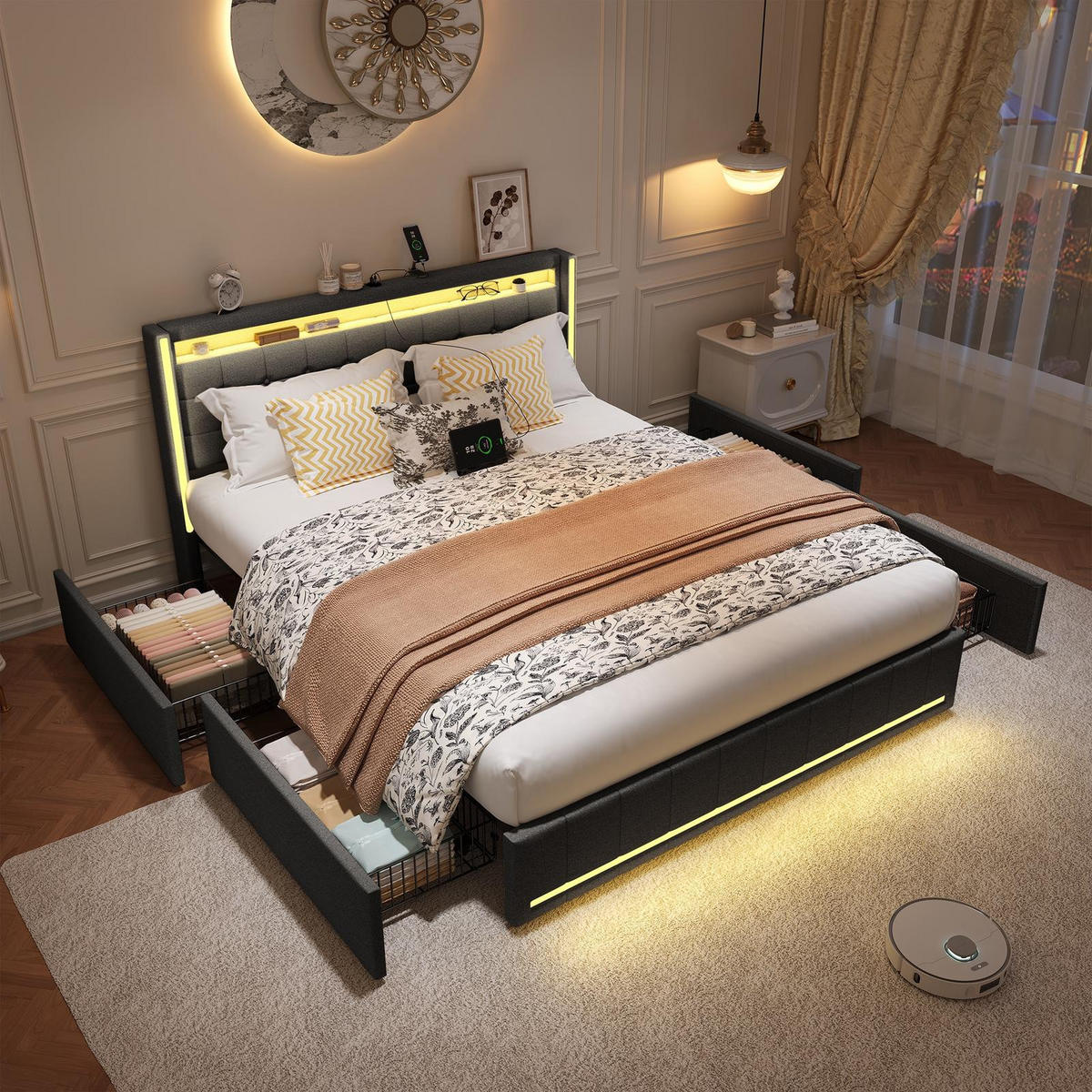 POLSTERBETT 160x200 cm Lumina Smart mit 3-Zonen RGB-LED, USB & USB-C, 4 Schubladen, Leinen-Optik, Dunkelgrau - Grau, Textil (160/200cm) - DELFA