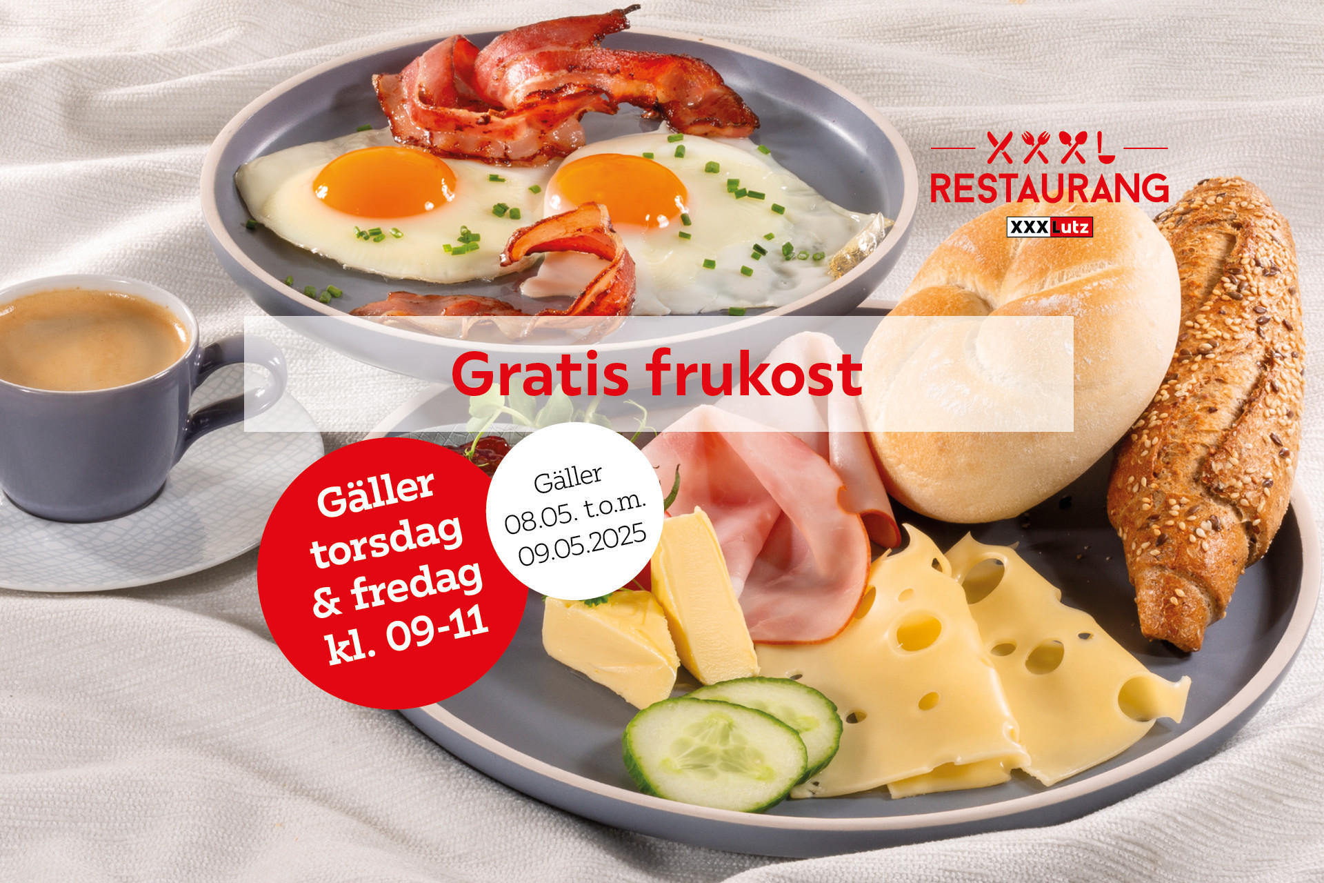 Gratis frukost! Gäller torsdag & fredag kl. 09-11. Gäller 08.05. t.o.m. 09.05.2025