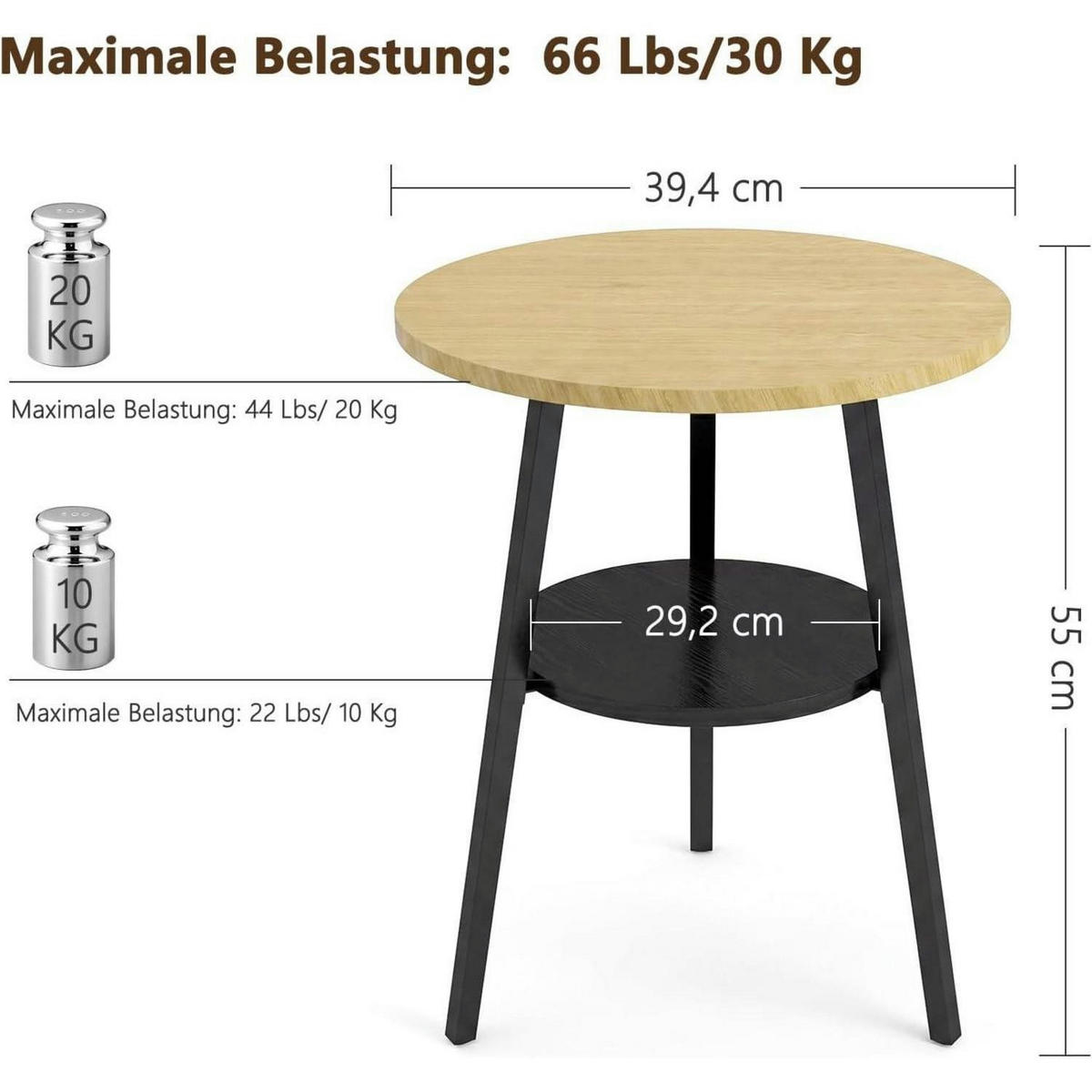 BEISTELLTISCH Rund Eiche 2 Etagen 55 cm - Braun, Holzwerkstoff (39.4/55/39.4cm)