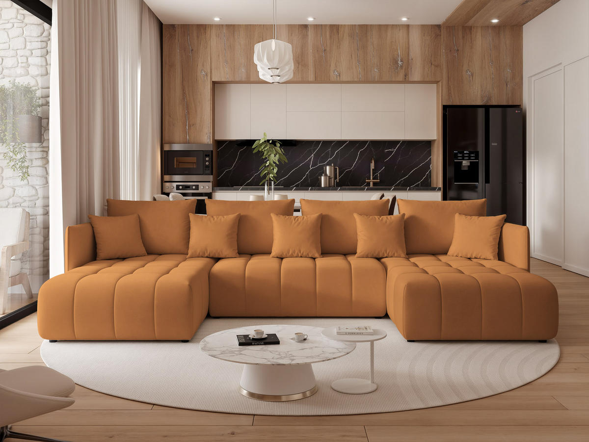 WOHNLANDSCHAFT OLIMPIA mit Schlaffunktion und Bettkasten Orange - Orange, Holzwerkstoff/Kunststoff (353/83/180cm) - Idohome