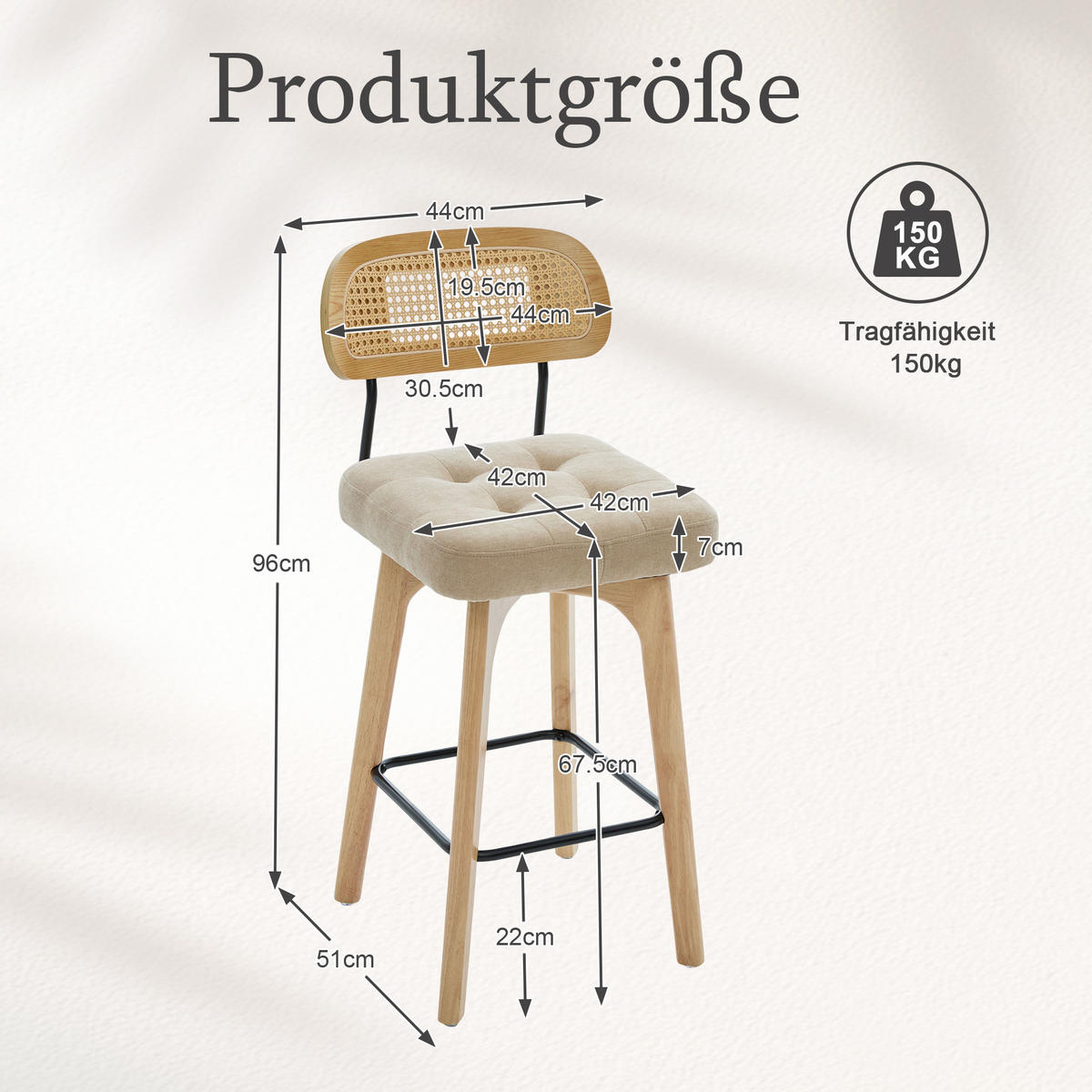 BARHOCKER 2er Set, 360° drehbar, Wiener Geflecht/Chenille, 67,5cm Sitzhöhe, Khaki - Wildeiche/Hellbraun, Holz/Textil (44/96/51cm) - LVHOM