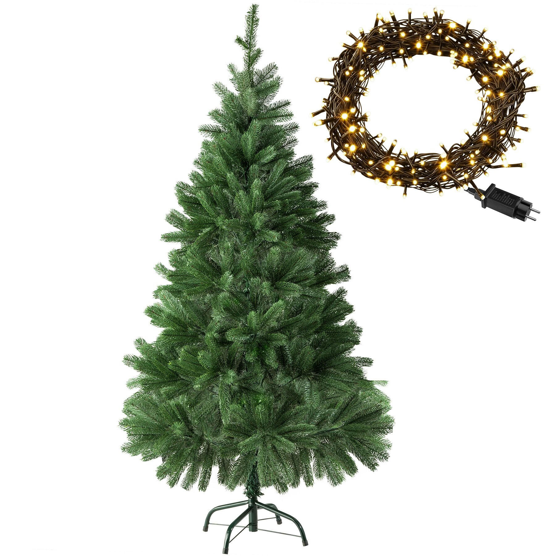 SET WEIHNACHTSBAUM MIT LICHTERKETTE ,inklusive Metallständer mit Kunststoffkappen,grün - Grün, Kunststoff (140cm) - tectake