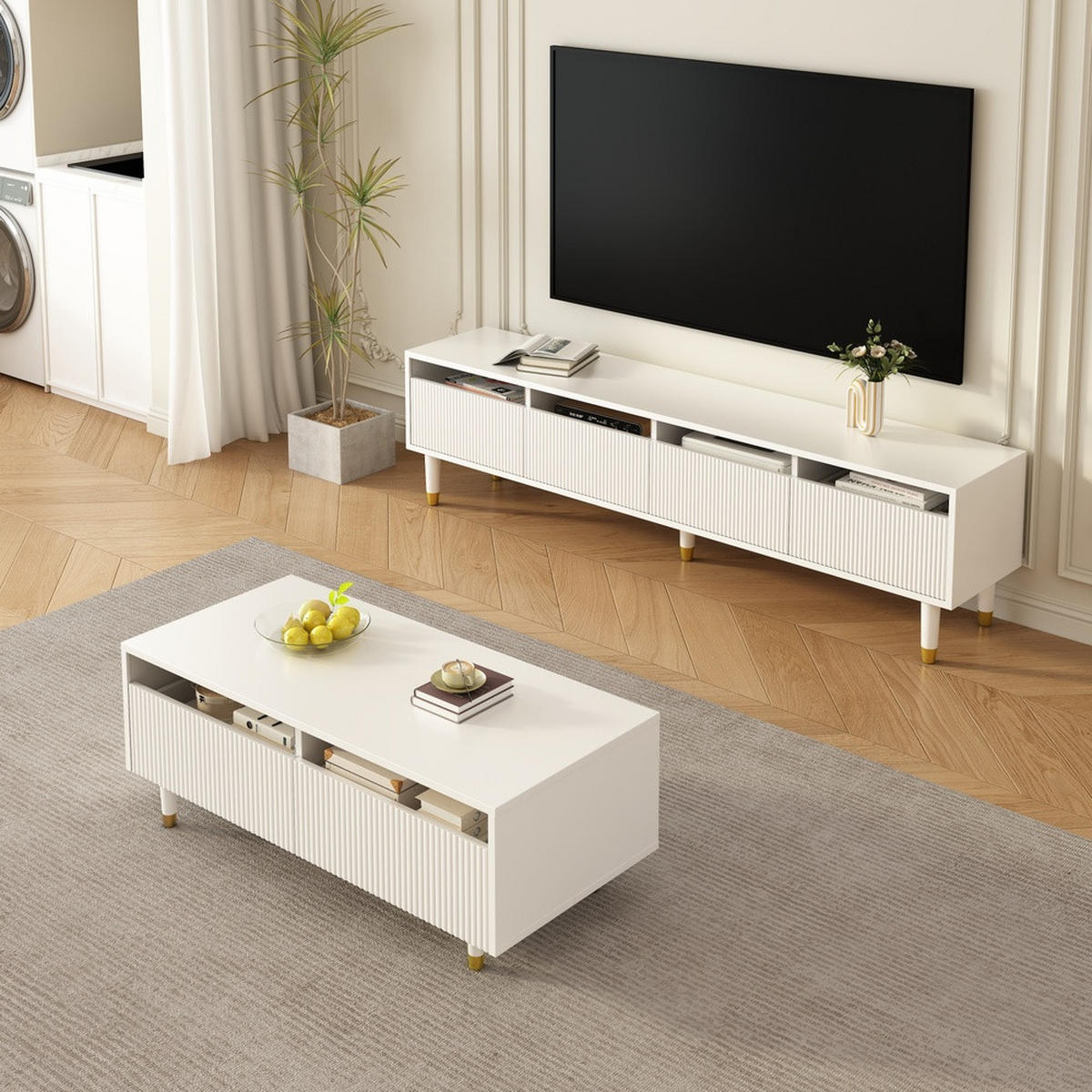 TV Ständer und Couchtisch mit Schubladen Mit Modernes LED Möbelset - Weiß, Holz (43.18/45/187.96cm) - FLIEKS