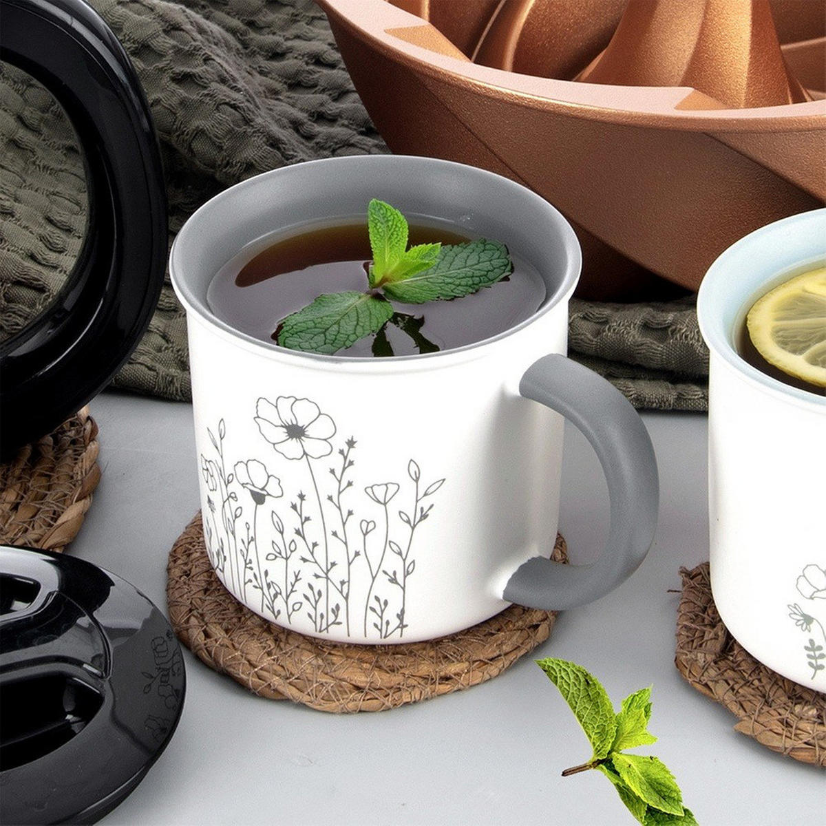 PORZELLANBECHER FLORAL, Porzellan, weiß/grau, 400 ml - Weiß, Keramik (0.4L) - Orion 