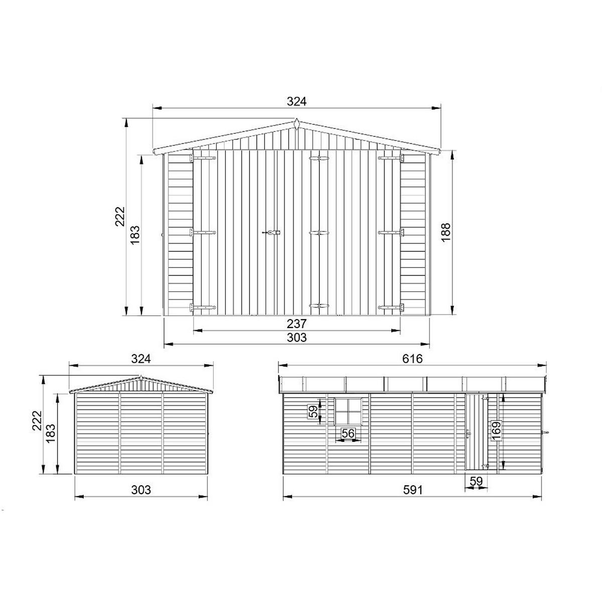 HOLZGARAGE Abstellraum mit Fenstern- H222x616x324 cm /18 m2 - TIMBELA M102 - Naturfarben, Holz (303/183/591cm) - Timbela