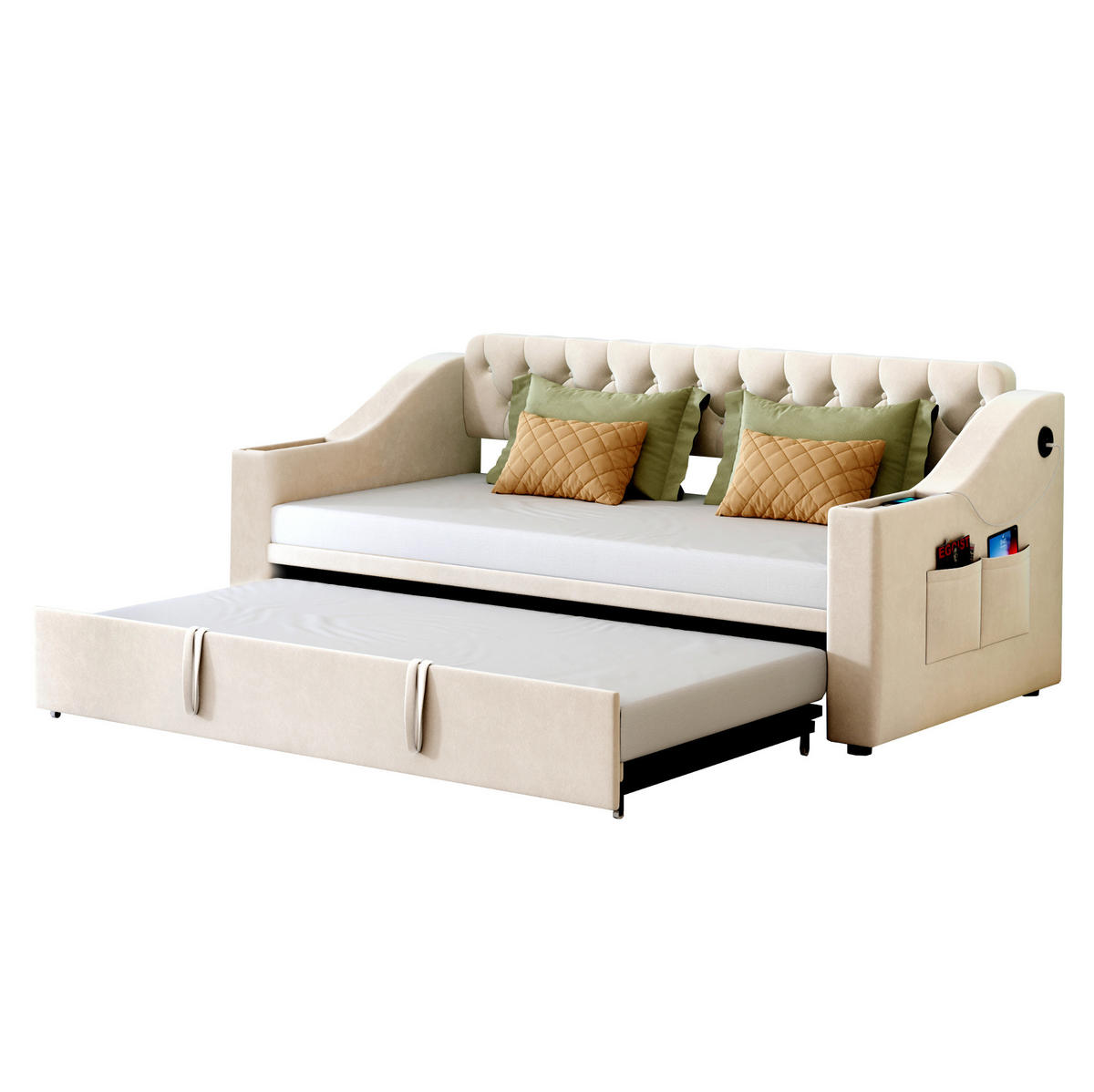 SCHLAFSOFA aus Samt 90x190 cm Beige ausziehbar auf 180x190 cm mit Stauraum und USB-Anschluss - Beige, Textil (90/180cm) - IVMEU
