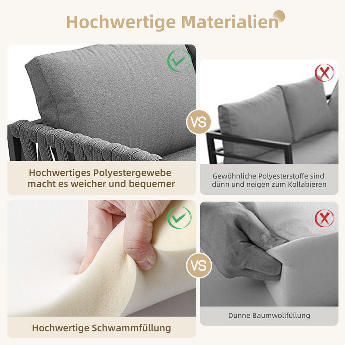 GARTENLOUNGE-SET GRAU mit Seilgeflecht verstellbaren Beinen und Glastisch inkl. Kissen - Grau, Textil - BLACKCUP