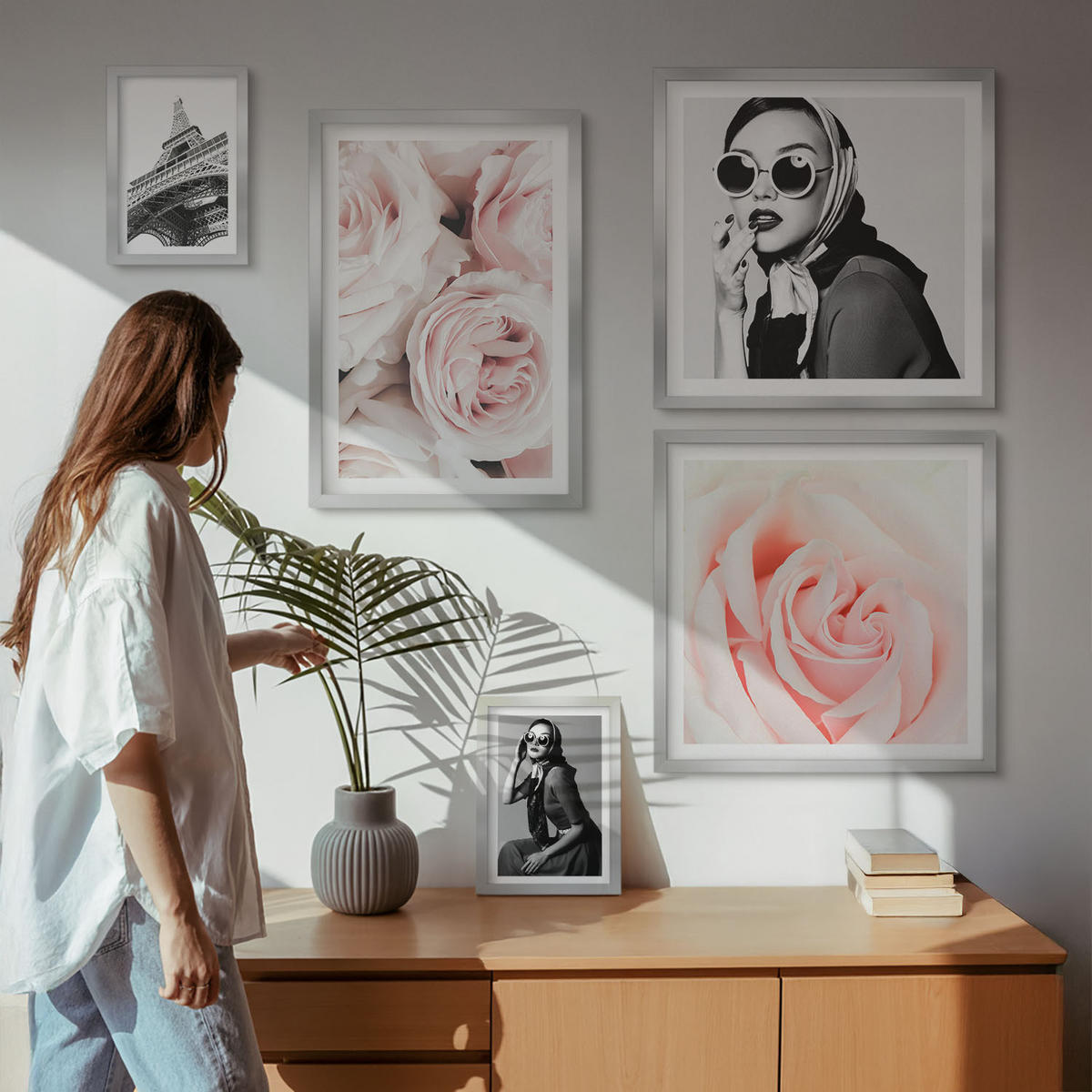 WANDBILDER 5er Set - 50x50 cm & 20x30 cm & 40x60 cm Silberner Rahmen - Blumen, Pfingstrosen, Rosen, Eleganz - Silberfarben, Kunststoff (40/60cm) - ArtPrintCave