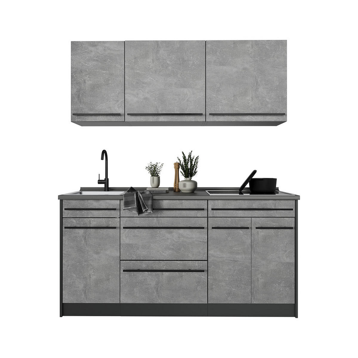 SINGLEKÜCHE R-Line, Beton/Anthrazit, 160 cm Arbeitsplatte Goldkraft Eiche - Anthrazit/Grau, Holzwerkstoff (160/81.6/60cm) - Vicco