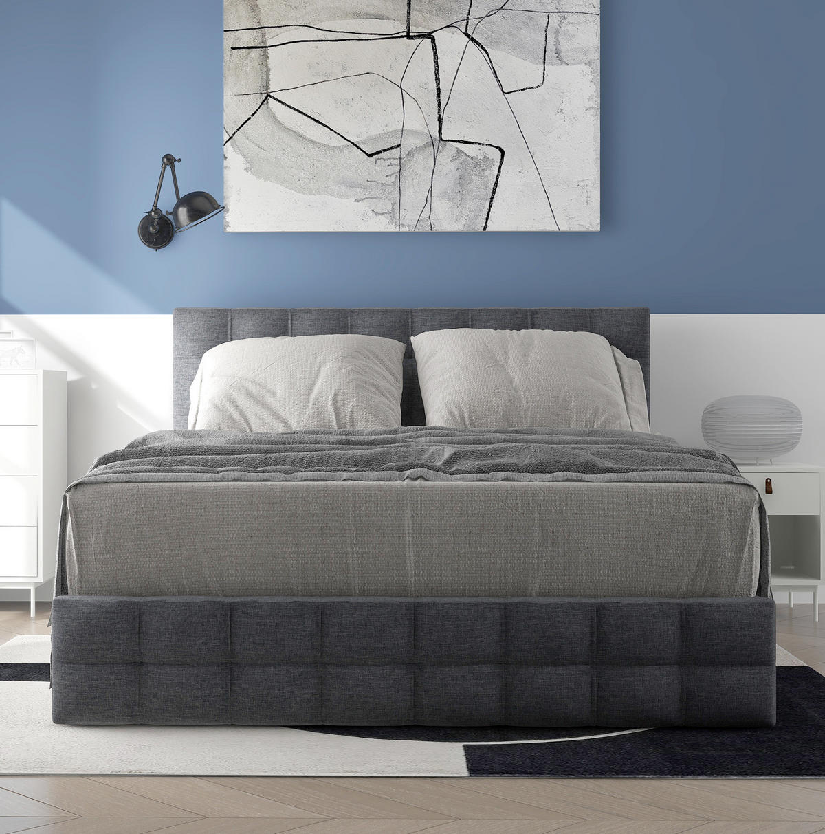POLSTERBETT 140/200 cm mit 4 Schubladen, höhenverstellbarem Kopfteil und Lattenrost - Grau, Textil (140/200cm) - BEAOK