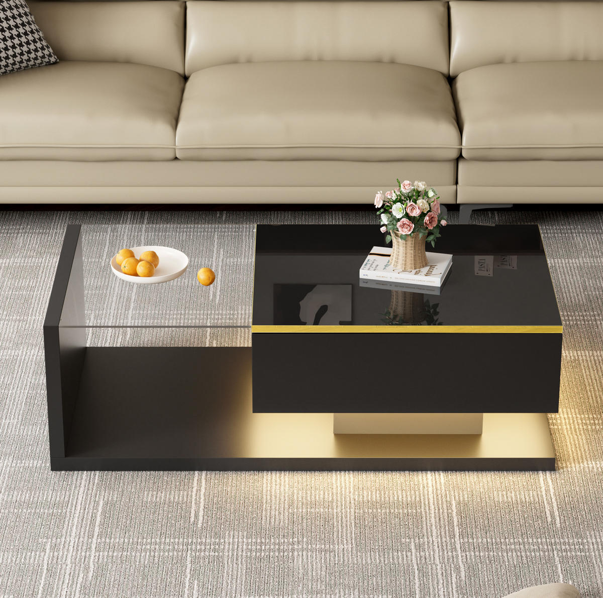 COUCHTISCH mit LED 100 x 50 cm Schwarz Hochglanz mit Glas - Schwarz, Holzwerkstoff (100/50/32.5cm) - Meubliv