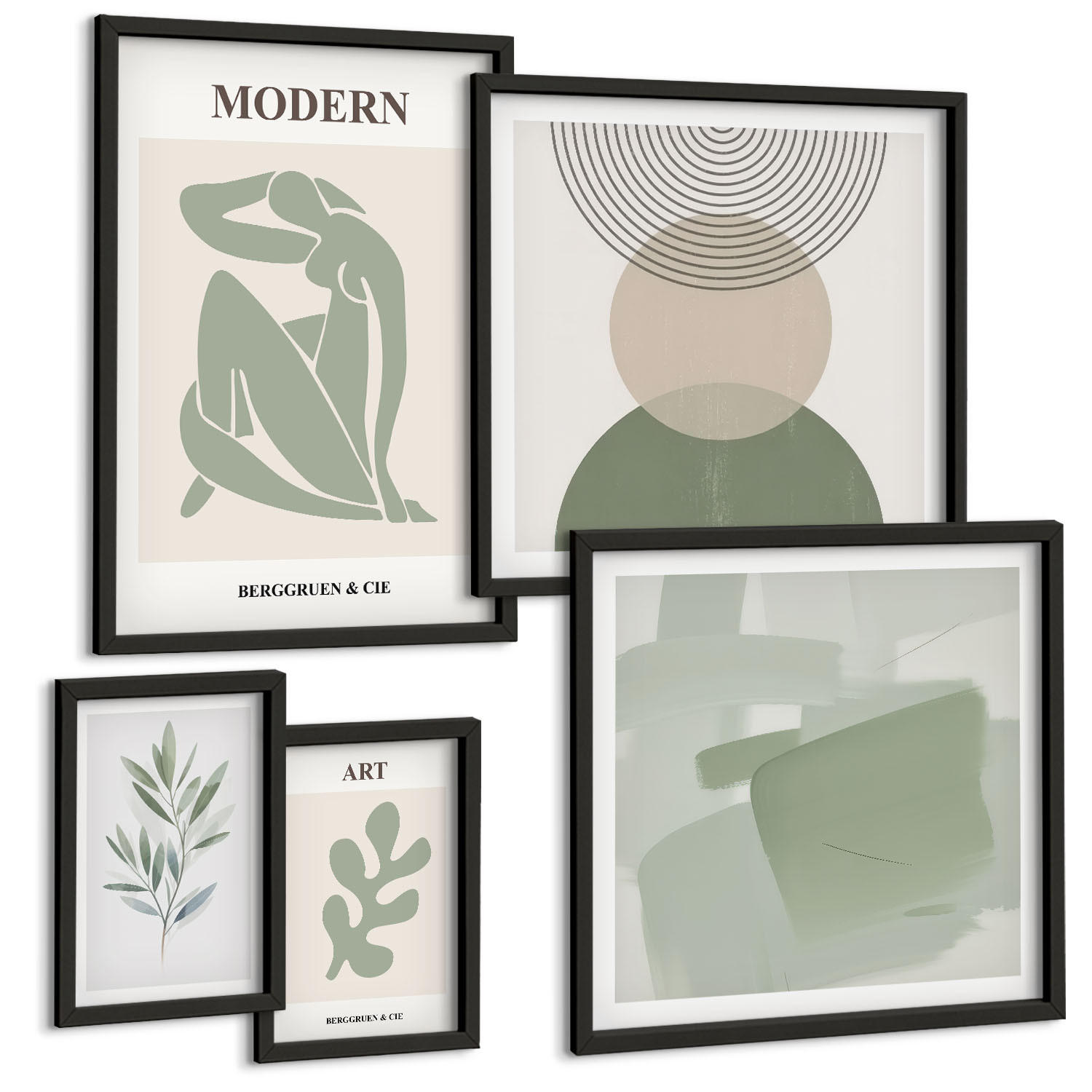 BILDER SET 5er Set - 50x50 cm & 20x30 cm & 40x60 cm Schwarzer Rahmen - Stilvolle abstrakte Pflanzengrafiken - Schwarz, Kunststoff (40/60cm) - TULUP