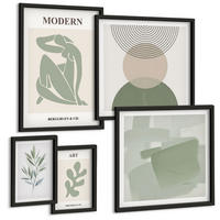 BILDER SET 5er Set - 50x50 cm & 20x30 cm & 40x60 cm Schwarzer Rahmen - Stilvolle abstrakte Pflanzengrafiken - Schwarz, Kunststoff (40/60cm) - TULUP