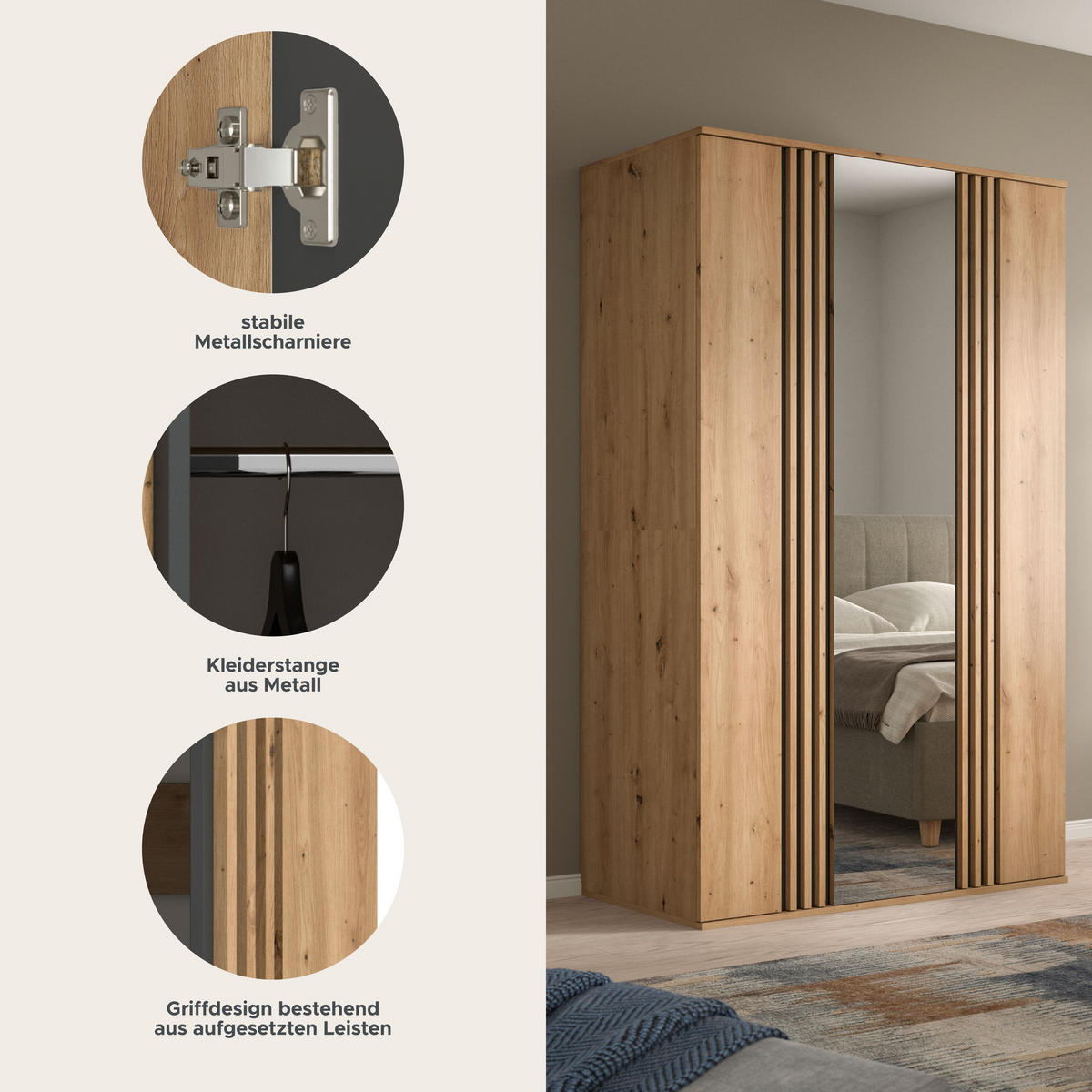 KLEIDERSCHRANK 3-türig TOFTA (B/H/T: ca. 120/192/56 cm) in Artisan Eiche Nachbildung/Artisan Eiche Nachbildung - Eiche Artisan, Holzwerkstoff (120/192/56cm)