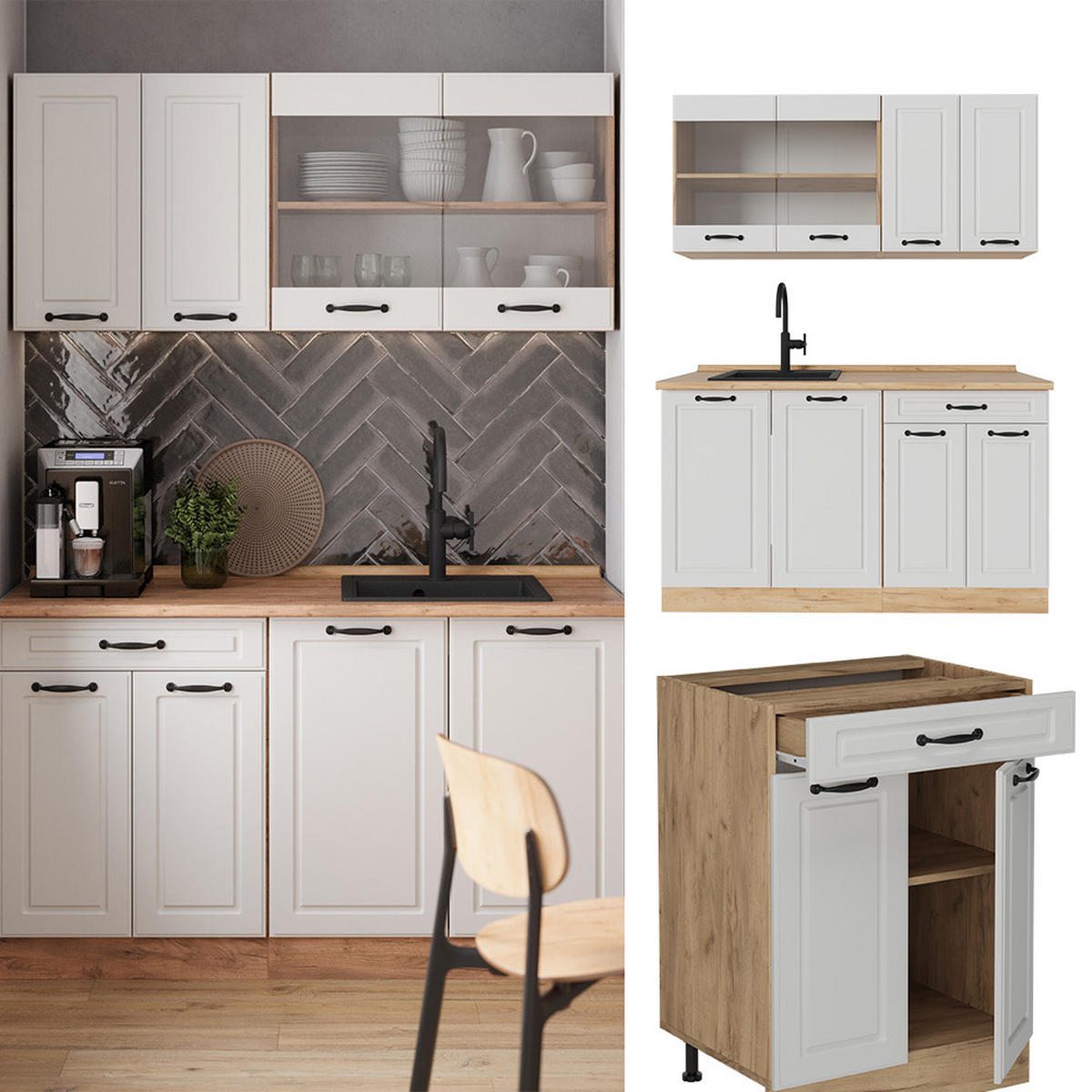 SINGLEKÜCHE R-Line Weiß Landhaus/Goldkraft Eiche 140 cm ohne Arbeitsplatte - Honigeiche/Weiß, Holzwerkstoff (140/81.6/46cm) - Vicco