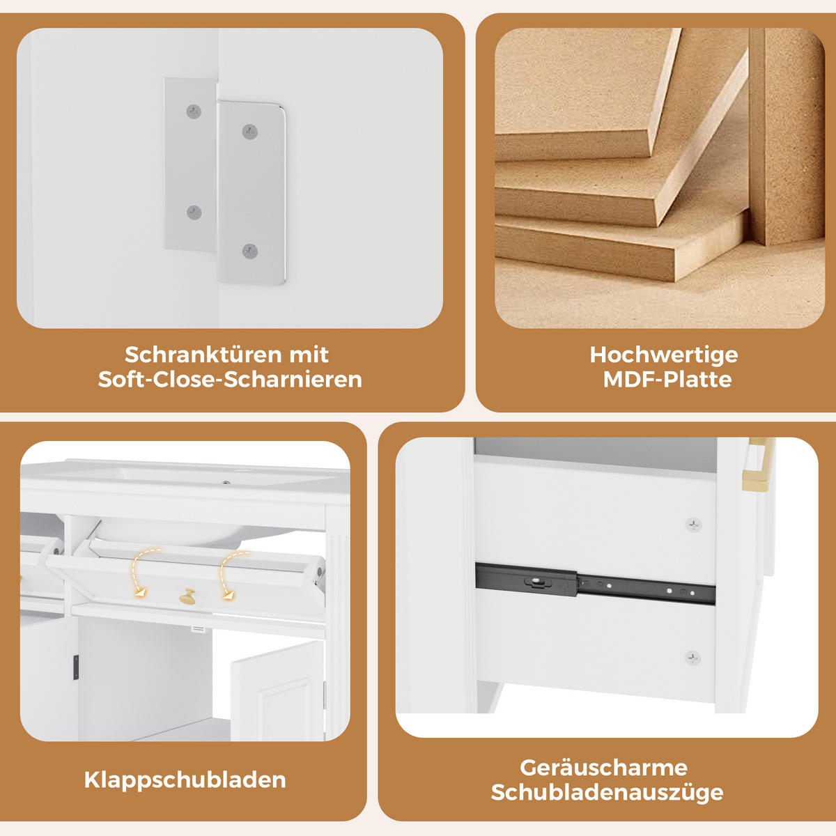 WASCHTISCHKOMBI 91.5/46.5/87 cm Weiß mit 2 Schubladen, ohne Wasserhahn - Goldfarben/Weiß, Holz/Holzwerkstoff (46.5/87/91cm) - Oxeza
